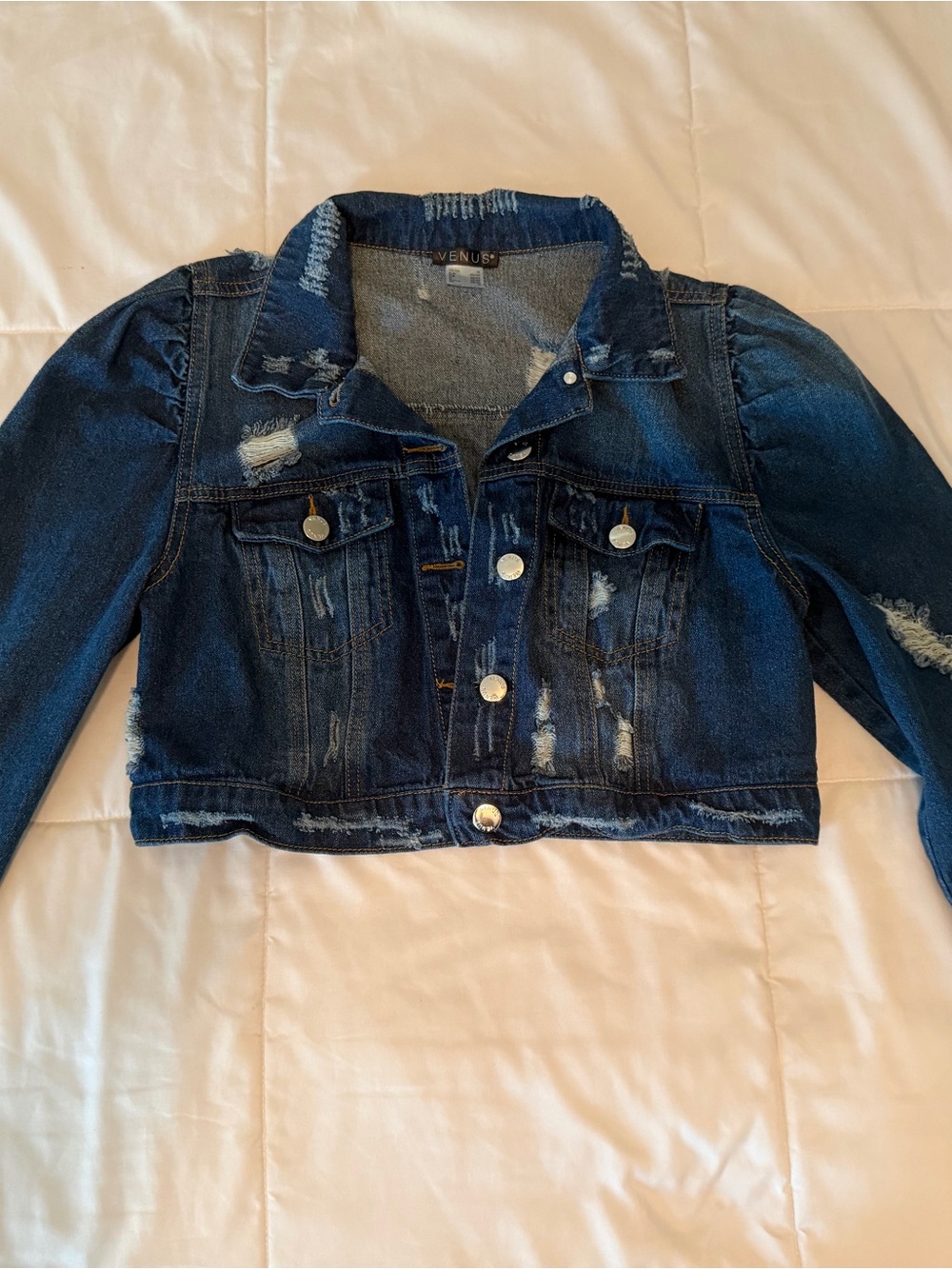 VENUS Dark Blue Distressed Cropped Denim Jacket
